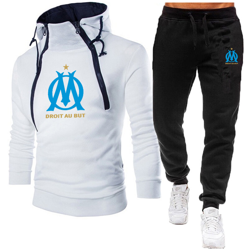 2023メンズフード付きジャケットスーツ追及権auがマルセイユのトラックスーツスポーツウェアジャケット + パンツ2個のスーツジョギングセーターセット新加入ロゴ