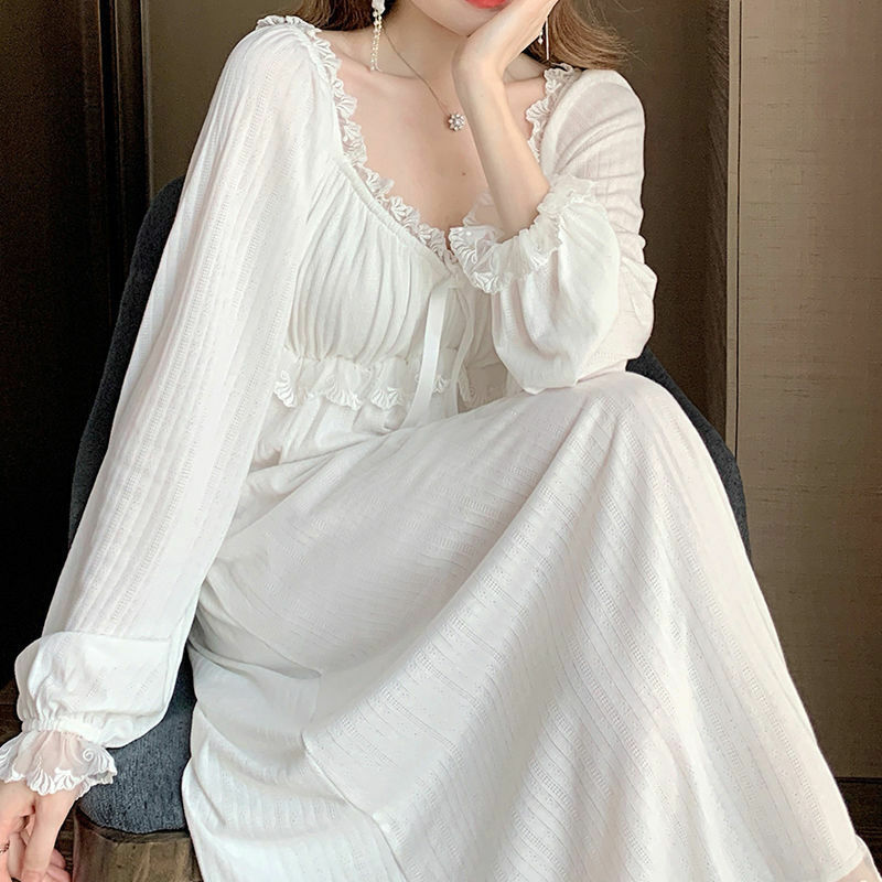 2022 księżniczka Vintage biały kolor pełna rękawy koszula nocna kobiety jesień czystej bawełny długa sukienka wieczorowa dziewczyny koszula nocna domowa nowy X51