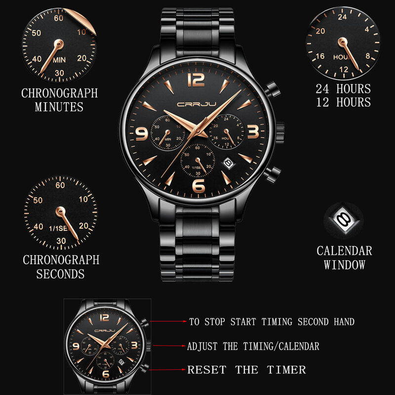ساعات ذهبية رجالية فاخرة العلامة التجارية CRRJU كوارتز ساعة اليد موضة الرياضة وساعة الأعمال السببية الذكور ساعة Reloj Hombres