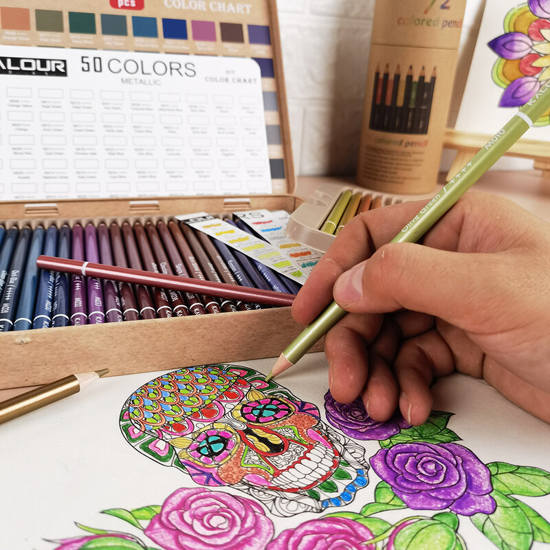 Kalour 50 pçs lápis de cor metálica de madeira macia desenho dourado lápis esboço kit para artista adulto coloração suprimentos da arte