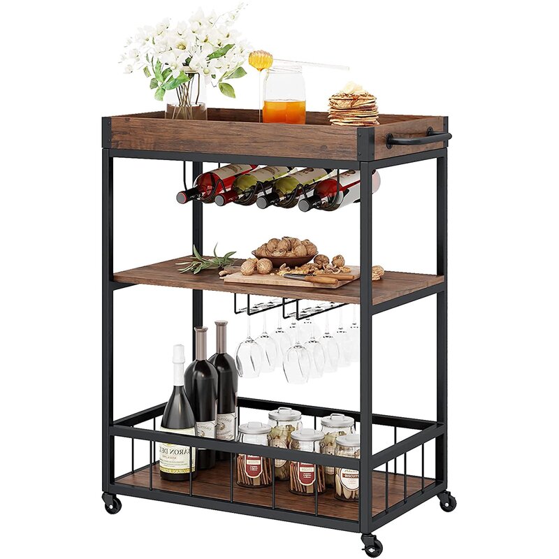 Bar Cart for Home Mobile Wood Metal Kitchen Serving Cart Storage  Rolling Storage Cart with Drawers