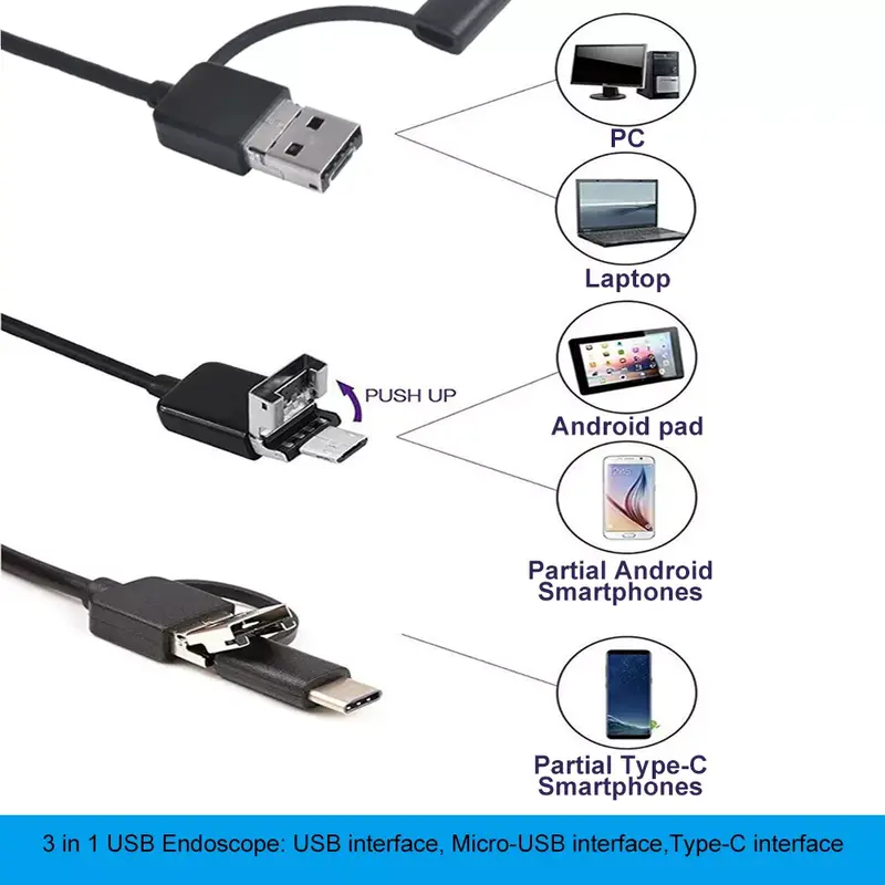 Kamera Endoskopi Mini 7Mm Tahan Air 3 In 1 Endoskopi USB Android untuk Ponsel Pintar Otg Tipe C Kamera Ular PC untuk Pencari Ikan Mobil