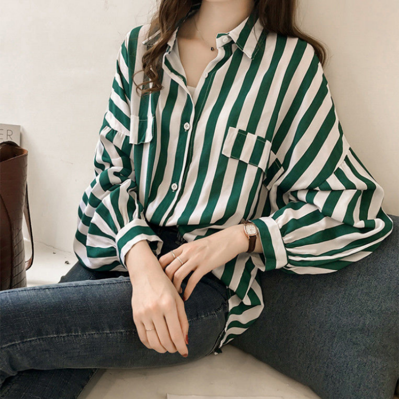 Deeptown Frauen Gestreiften Blusen Casual Übergroßen Elegante Weibliche Shirt Laterne Hülse Büro Outfits Koreanische Mode Top Chic Retro