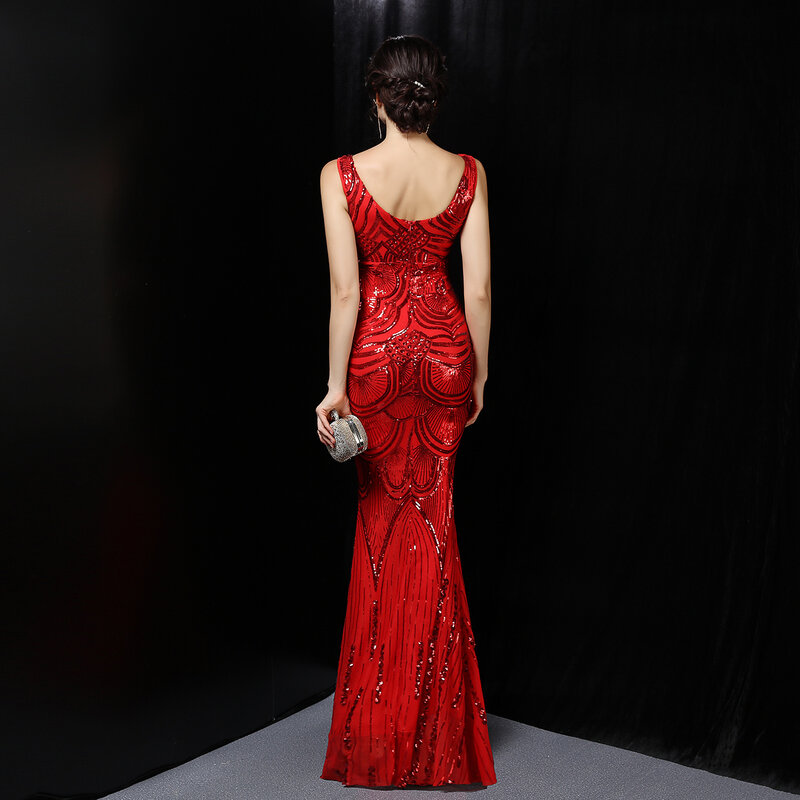 Sexy Red Bodycon Backless Mermaid Dress Women V Neck Sleeveless Cocktail Party Dress Luxury Sequin Glisten Long Evening Dresses