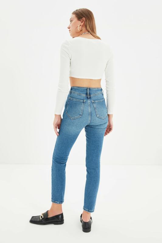 Trendsensual stitch calça jeans de cintura alta com detalhes twoaw22je0144