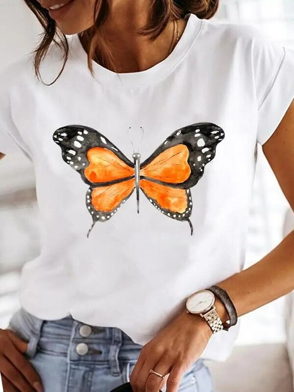 T-shirt manches courtes femme, estival et à la mode, avec image de libellule imprimée