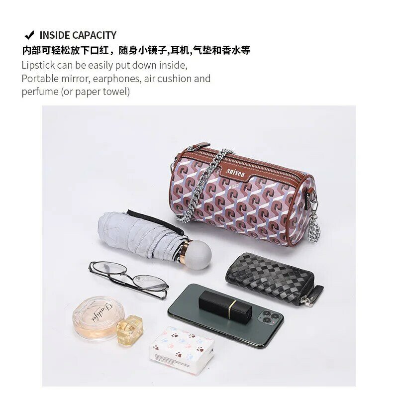 หมอนกระเป๋า2022ใหม่ Niche ออกแบบกระเป๋าพิมพ์กระบอกกระเป๋าสะพายโซ่มินิกระเป๋ากระเป๋าถือ