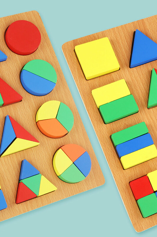 Set Pembelajaran Awal Bisection Bentuk Geometris Puzzle Klasifikasi Balok AIDS Mainan Kayu Edukasi Montessori Bayi