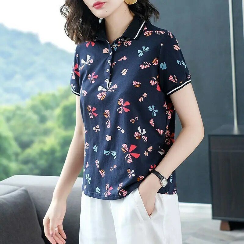 女性用半袖ポロシャツ,カジュアルでファッショナブルなTシャツ,女の子用のヴィンテージボタンTシャツ,トップスa36,2022