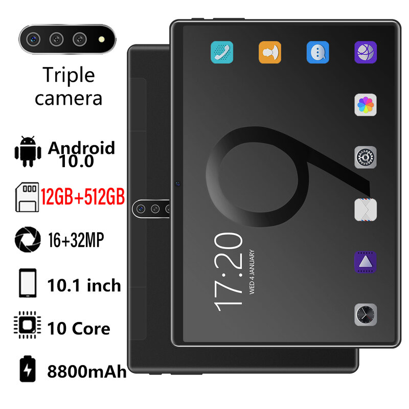 Android 10.0แล็ปท็อป Dual SIM 8800MAh Snapdragon 12GB 512GB พร้อมคีย์บอร์ด10.1นิ้ว WPS Office บลูทูธ GPS WIFI T10W แท็บเล็ต