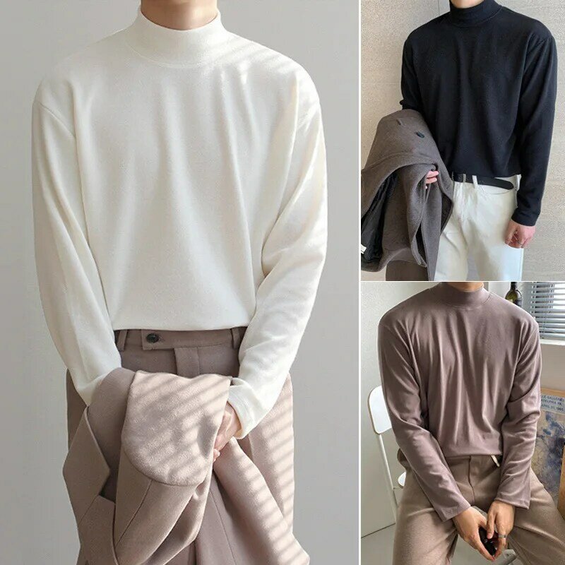 Tops básicos a la moda para primavera y otoño, camiseta de manga larga de algodón informal con cuello alto, Tops de cuello alto para uso diario, 2021