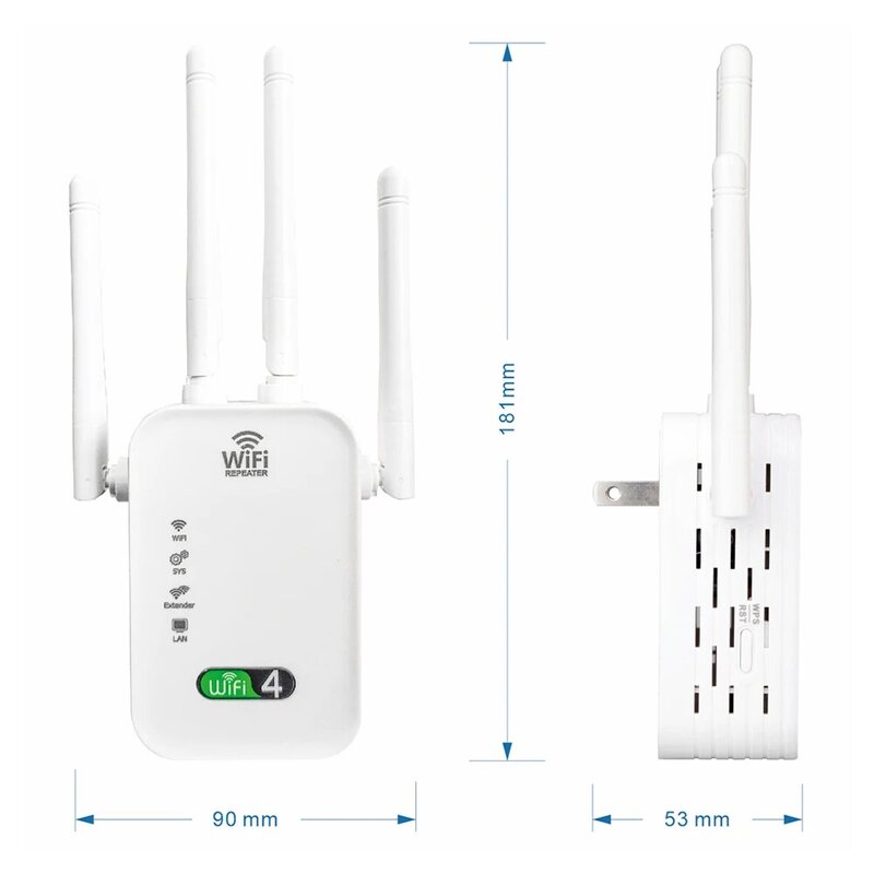Extensor de largo alcance WiFi, amplificador de señal de Internet montado en la pared, cobertura amplia de 300Mbps con 4 antenas externas