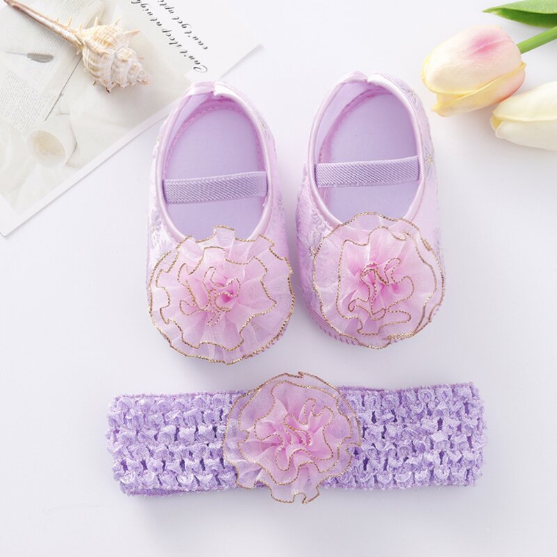 Weixinbuy Fashion Lace Solid Princess Shoes Lovely Baby Girl Hair Band + Shoes Set Buckle Solid Color First Walker 0-12 Months
