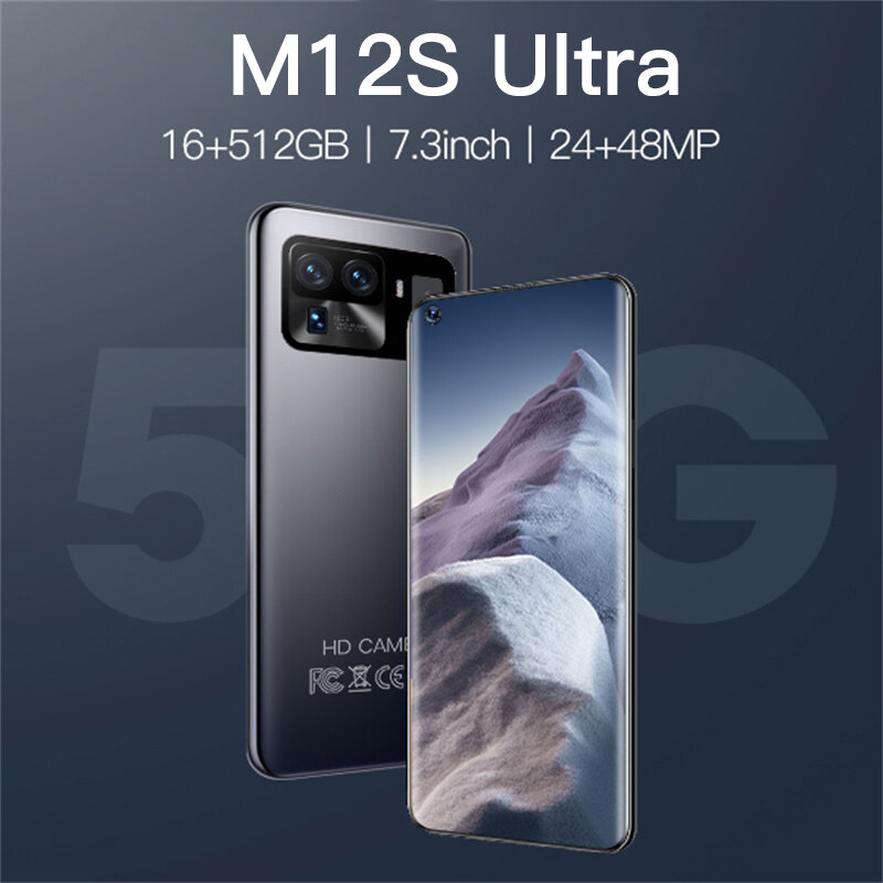 새로운 M12S 울트라 스마트 폰 안드로이드 10.0 7.3 HD 인치 휴대 전화, 16GB + 512GB 핸드폰 셀룰러 5G 전화 글로벌 버전 핸디