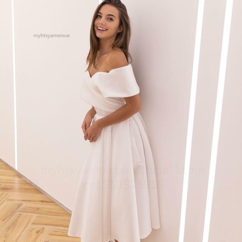 Gaun Pengantin Sederhana Seksi Gaun Pengantin Putih 2022 Gaun Prom Malam Putri A-line Panjang Teh Gaun Prom Ukuran Plus Merah Muda Vestido De Noiva