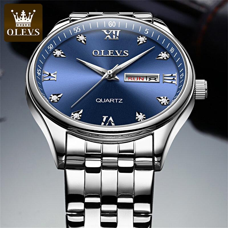 OLEVS cinturino in acciaio inossidabile orologi di grande qualità per uomo orologi da polso da uomo al quarzo impermeabili con Display settimanale