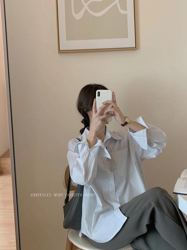 Blusas formales abotonadas para mujer, camisa de manga larga con rayas verticales blancas, ropa de oficina elegante de algodón para otoño, 2022