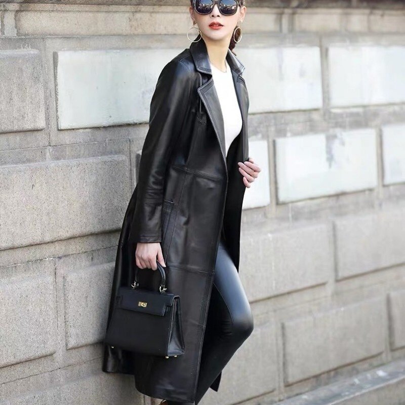 Women's legitimate leather jacket, long coat with office belts, windowpans and slim
