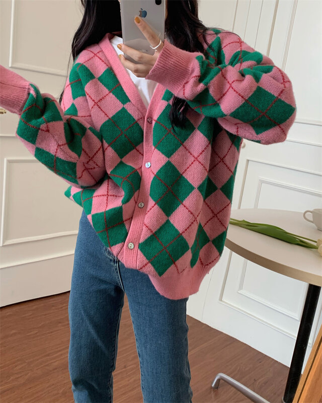Sweter DUOFAN Mantel Sweter Kardigan Longgar Mode Korea Wanita Kotak-kotak Berlian Antik Kardigan Tebal Rajutan Pakaian Y2K Wanita