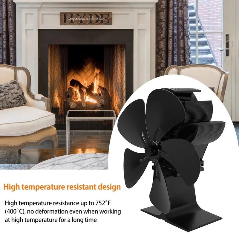 Ventilador silencioso para chimenea de 4 a 12 aspas para el hogar, sistema de ventilación para quemador de leña, ecológico, con distribución eficiente del calor, color negro
