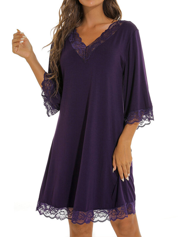 Однотонная ночная рубашка с V-образным вырезом и рукавом до локтя, женские ночные рубашки, Сексуальная кружевная хлопковая одежда для сна в стиле пэчворк, Женская ночнушка, повседневное спальное платье