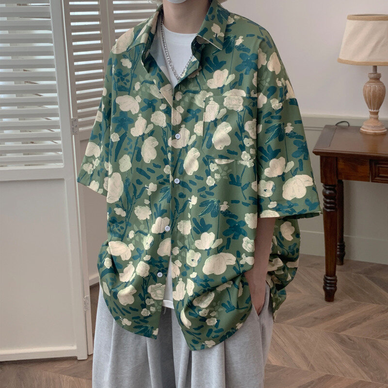 새로운 여름 남성 짧은 소매 t 셔츠 패션 인쇄 캐주얼 셔츠 남성 한국어 느슨한 아이스 실크 셔츠 남성 하와이 셔츠 M-3XL