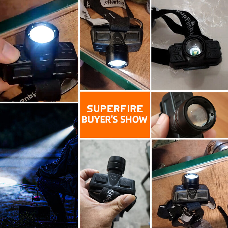 SUPERFIRE-미니 충전식 LED 전조등, 방수 헤드라이트, 고출력 줌 헤드램프, 낚시 작업용 모션 센서 포함