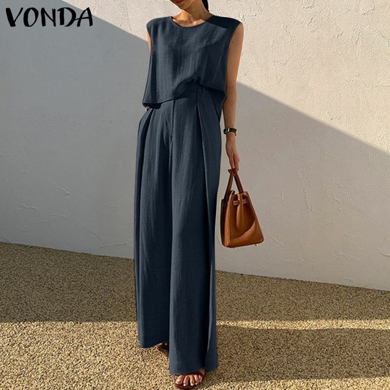 VONDA Fashion Summer Sleeveless Suits Crew Neck Tank Tops And Wide Leg Long Trousers Solid Sets Women Palazzo Pant De Mujer 2PCS