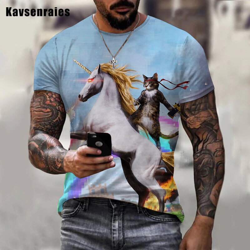 2022 wysokiej jakości zwierząt jednorożec kot 3D koszulka z nadrukiem mężczyźni kobiety moda na co dzień z krótkim rękawem Hip Hop Harajuku swetry typu oversize