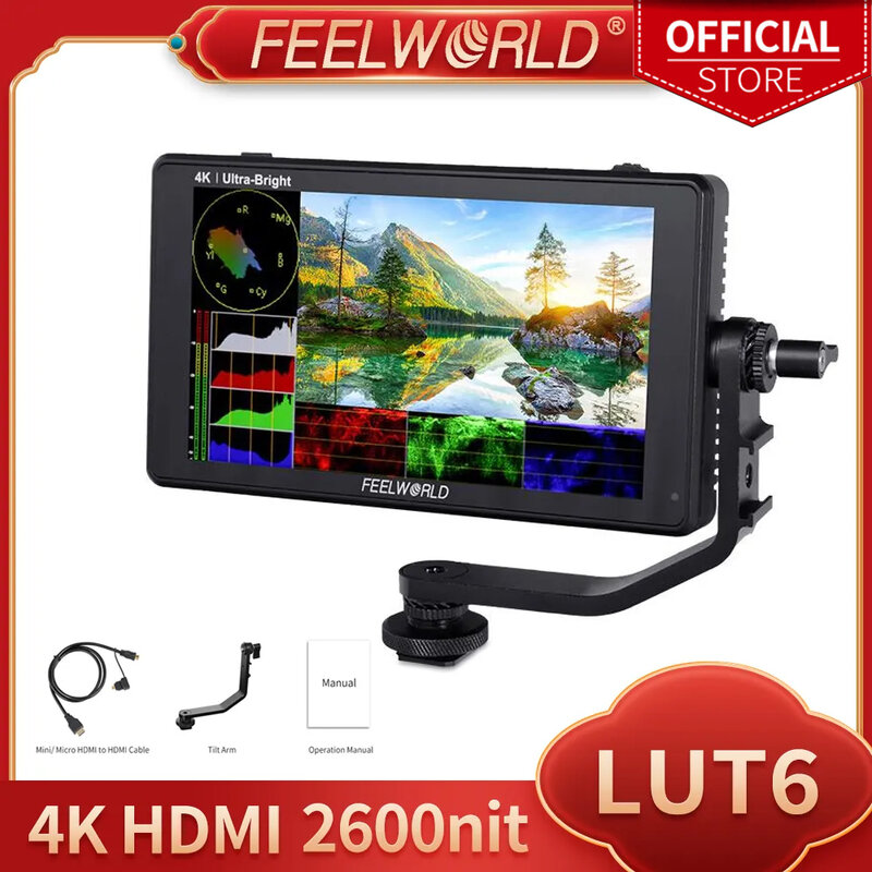 FEELWORLD-شاشة المجال LUT6 مع عدسة متغيرة لكاميرا DSLR ، شاشة لمس LUT HDR ثلاثية الأبعاد بحجم 6 بوصات ، IPS ، 2600 شمعة