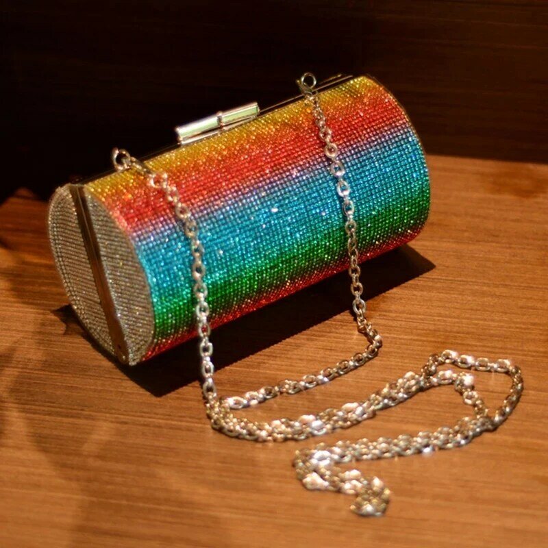 Rainbow Rhinestone Purse Avondtassen Voor Vrouwen Luxe Party Handtas Voor Bruiloft Clutch Bag Diamant Cilinder Schoudertas ZD1739