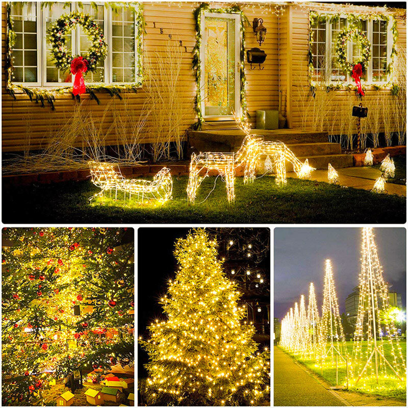 屋外LEDライトガーランド,100m,1000ダイオード,8モード,アダプター,クリスマスパーティー,結婚式,パティオ,庭の装飾