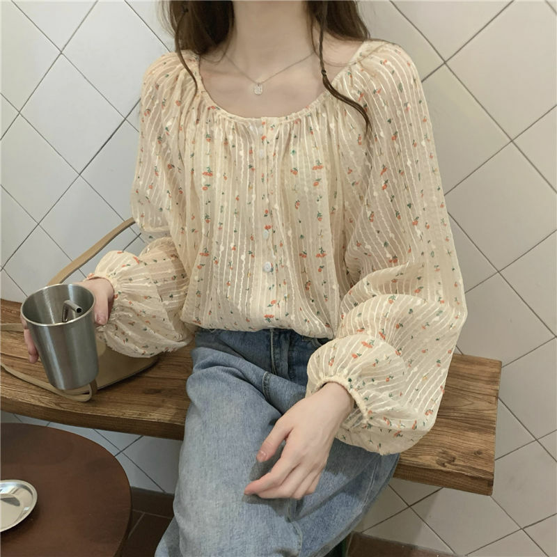 Fashion French Floral Shirt Ladies Spring 2023 New Round Neck Long Sleeve Top Loose Blouse Female Casual Button
