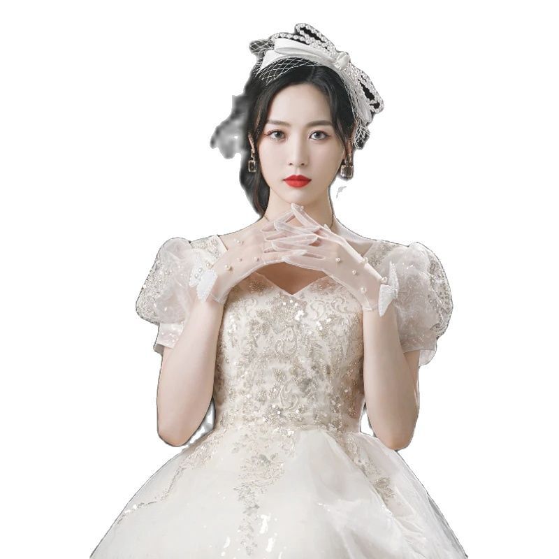 Women Tulle Mesh Gloves Bridal White Wrist Gloves Large Bow Knot Pearl Flower Marriage Wedding Glove Party Cosplay Accessories