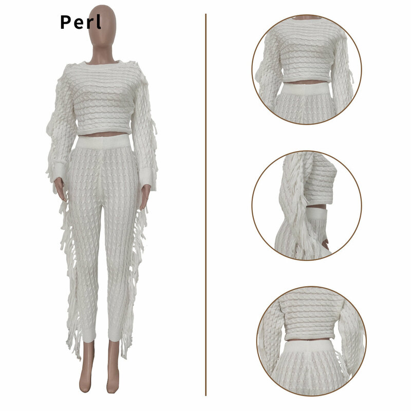 Perl สตรี2ชิ้นถักเสื้อกันหนาวแขนยาวตัดเสื้อและกางเกง Loungewear ชุดลำลองชุดฤดูใบไม้ร่วง2022