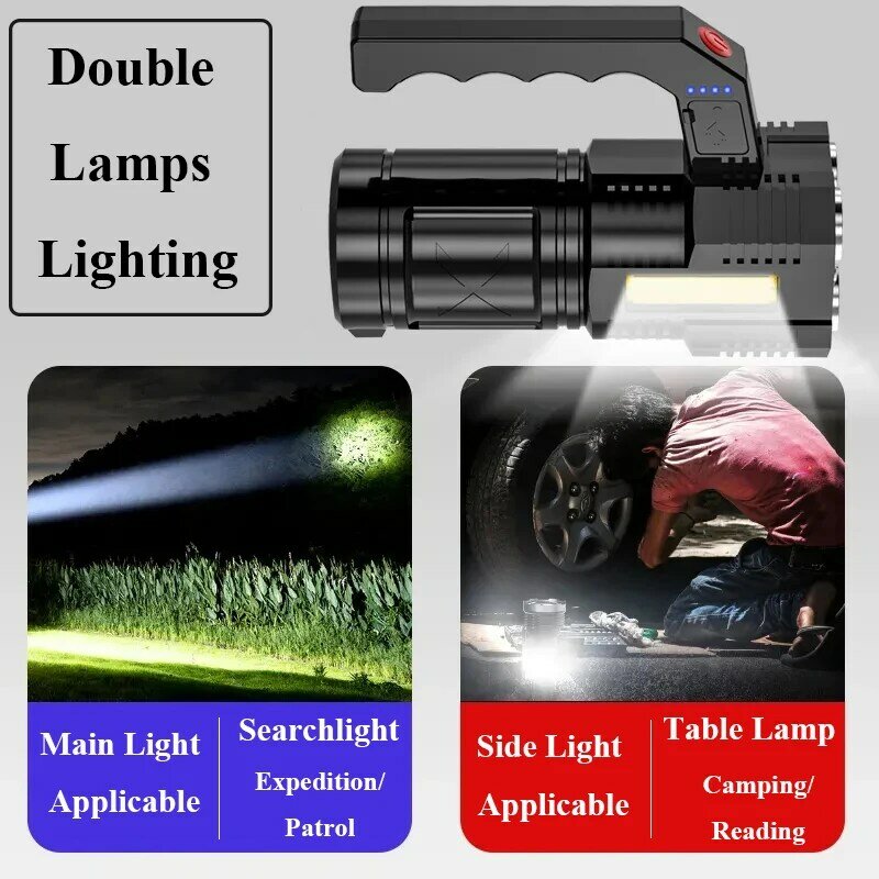 Lampe de poche LED haute puissance à quatre cellules Rechargeable par USB, puissante lampe de poche Super lumineuse pour Camping, lumière COB à 4 cœurs