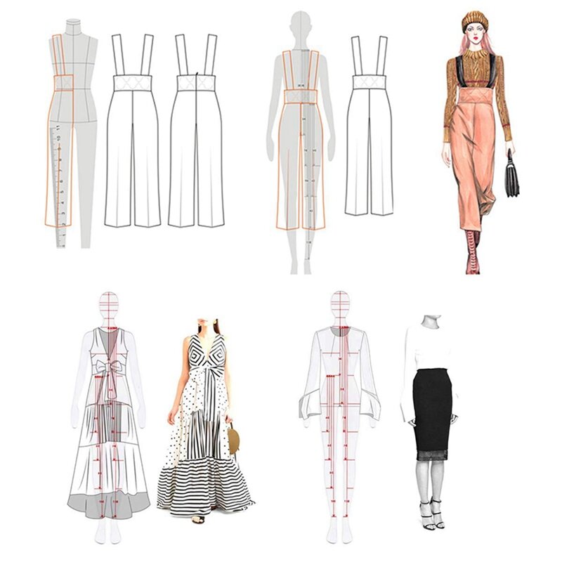 Moda ilustração réguas esboçar modelos régua costura padrões humanóides design vestuário medição