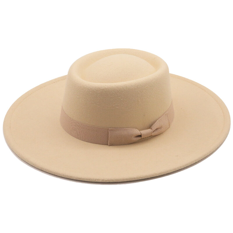 9.5CM Wide Brim Flat Top Fedoras Hats For Women Solid Color Imitation Woolen Jazz Hat Men Elegant British Ladies Caps Bowler Hat