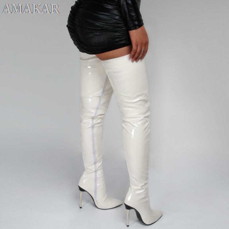 Сапоги женские выше колена, пикантные модные ботфорты с острым носком, на тонком высоком каблуке, кожаные боты с боковой молнией