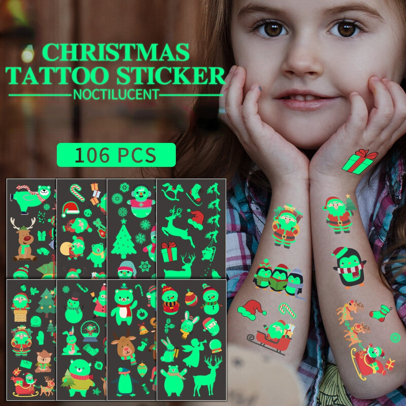 Pegatina de tatuaje de dibujos animados para niño, pegatina luminosa de Navidad, tatuaje temporal para fiesta de año nuevo