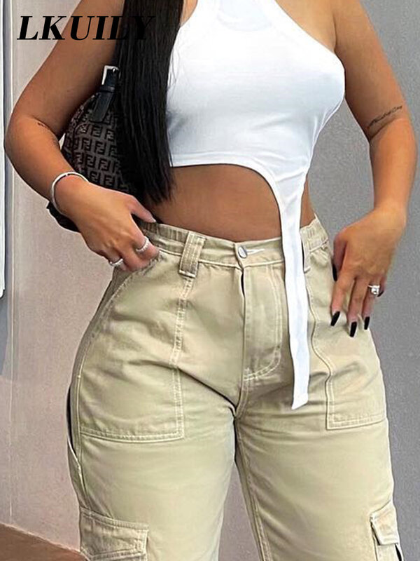 Celana Kargo Overall Jeans Longgar Antik Mode Wanita 90S Streetwear Saku Lebar Kaki Pinggang Tinggi Lurus Celana Denim Y2k