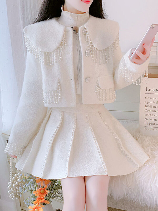 Conjuntos de dos piezas de fragancia pequeña para mujer, chaqueta elegante de Tweed con cuentas, abrigo + minifalda de línea a, trajes dulces Coreanos