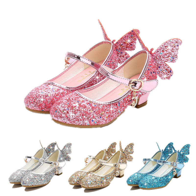 Модные туфли для девочек для вечевечерние, кожаные туфли принцессы с бабочками, детские туфли на высоком каблуке со стразами и бантом, детская обувь для танцев с блестками для девочек