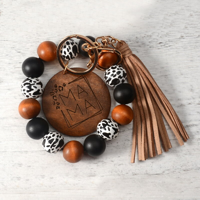 2022 New Leopard Print Wood  Bead Keychain Mothers Day Gift MAMA Bracelet Keychain For Women Tassel Bag Pendant Accessory