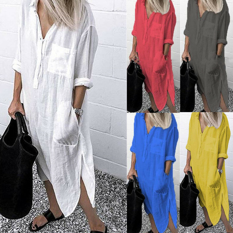 2022 Summer And Autumn Elegant Explosion Style Loose And Comfortable Cotton Solid Color Slit Simple Buttoned Long Dress Women