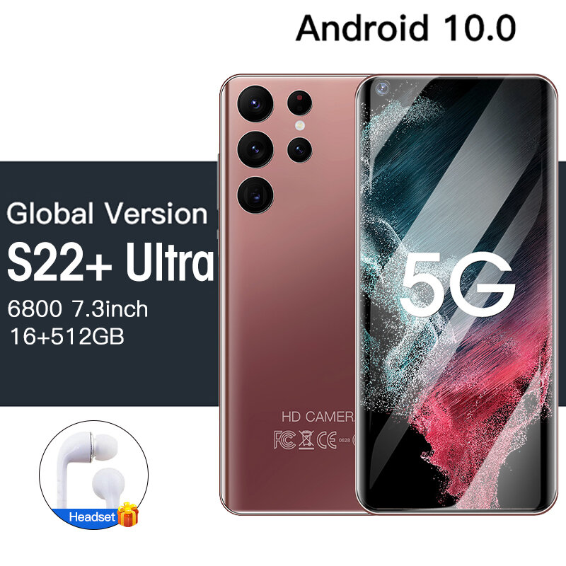 Novo s22 + ultra 5g 7,3 polegada smartphone globale versão 16 + 512gb telefones celulares 6800mah netzwerk entsperren telefone celular handys