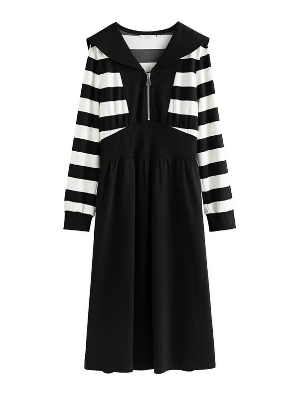 DUSHU-네이비 칼라 스트라이프 니트 무릎 길이 드레스 여성용, 니트 하이 웨스트 지퍼 넥 스커트 가을 신제품