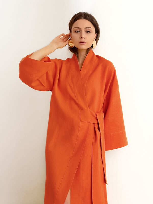 Hiloc-퓨어 컬러 여성 드레싱 가운, 100% 면, 여성용 홈 의류, 검정색 루즈한 목욕 가운 및 새시, 오렌지색 미드 카프 드레스