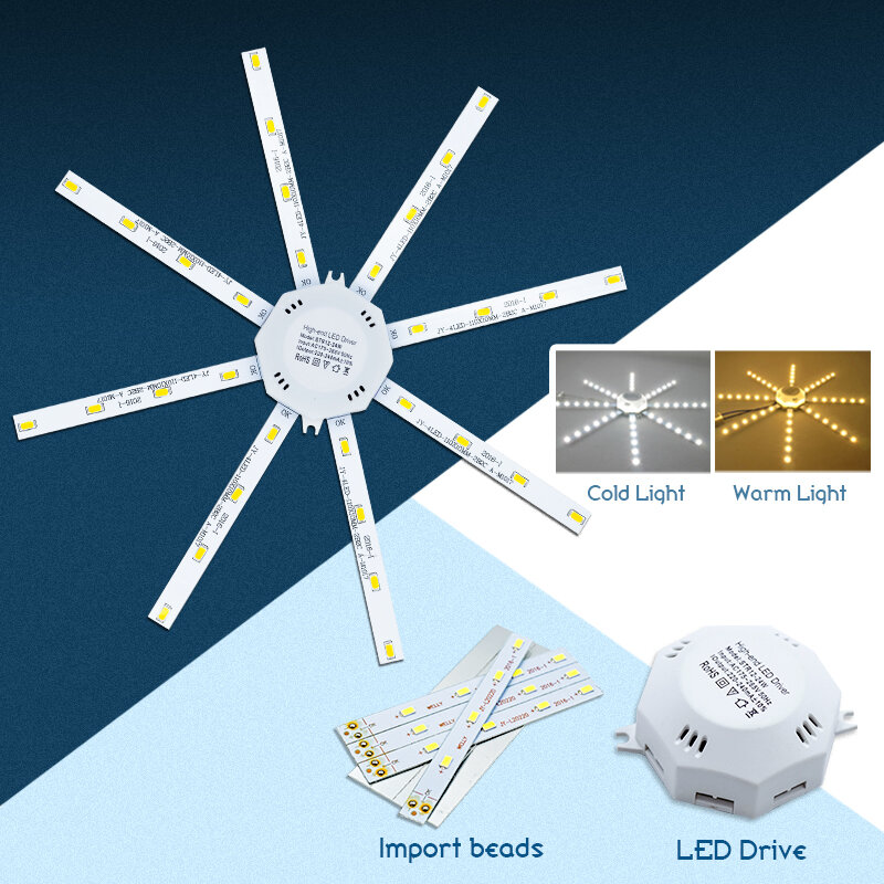 Placa de luz de led para teto, 6 lâmpadas led para economia de energia, iluminação interna, 12w, 16w, 20w e 24w, v