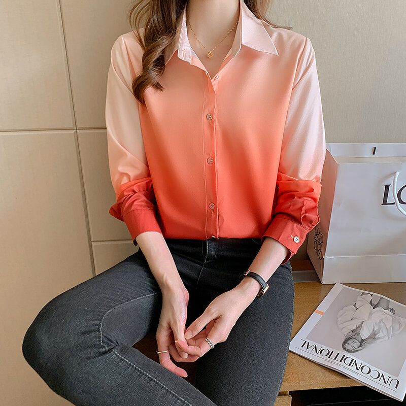 New Gradient tie-dye Fashion Shirt donna camicette a maniche lunghe stampate camicie Chiffon Blusas Mujer de Moda 2022 top da donna 504D
